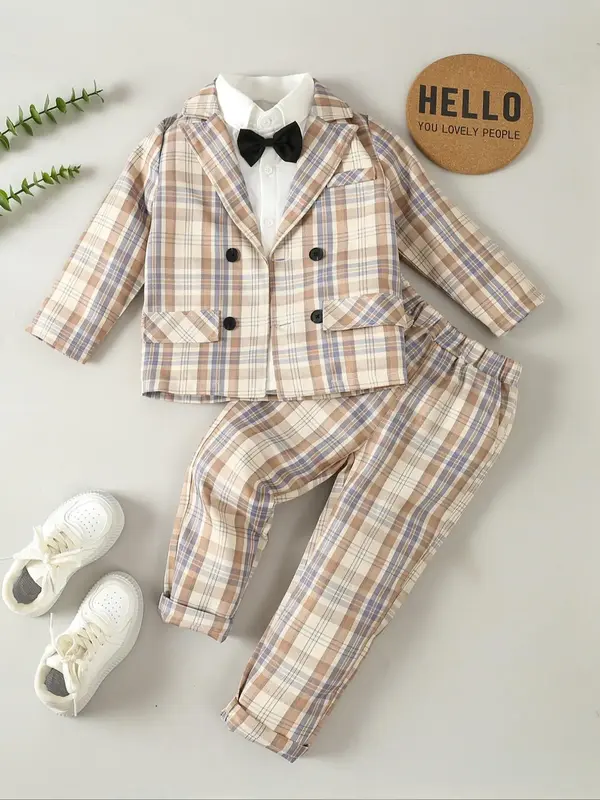 Three-piece Set Boy's Plaid Print Button Front Blazer & Pocket Pants & Bow Tie Shirt Set, Long Sleeve Lapel Neckline Fake Poc...