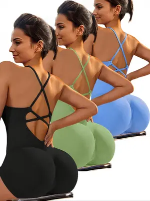 Women's All Over Print/Solid Color Backless Sports Romper, Casual Comfy Breathable Sleeveless Romper for Yoga Gym Workout Run...