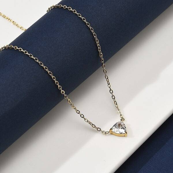 304 Stainless Steel Crystal Cubic Zirconia Triangle Pendant Necklaces for Women