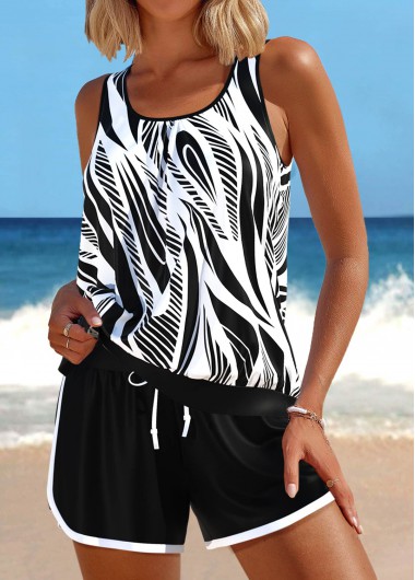 Modlily Plus Size Patchwork Black Geometric Print Tankini Set - 2X