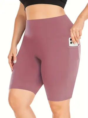 ćPlus Sizeć Solid High Waist Pocket Sports Shorts, Sporty Casual Comfy Breathable Short Leggings for Yoga Gym Workout Run...