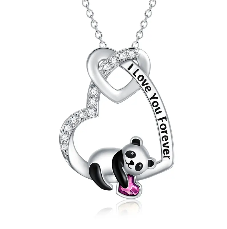 Sterling Silver Pink Heart Cubic Zirconia Panda With Heart Pendant Necklace With Engraved Word For Women