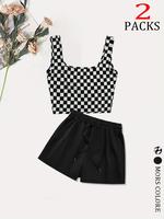 Women's Checkerboard Print Crop Tank Top & Shorts Two-Piece Set, Casual Fashion Cozy Two Piece Outfits for Daily Outdoor Wear...