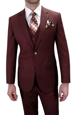 Burgundy Men's Classic Fit Two-Button Vested Suit