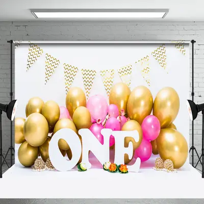 Gold Pink Balloons 1St Birthday Photography Backdrop - Aperturee