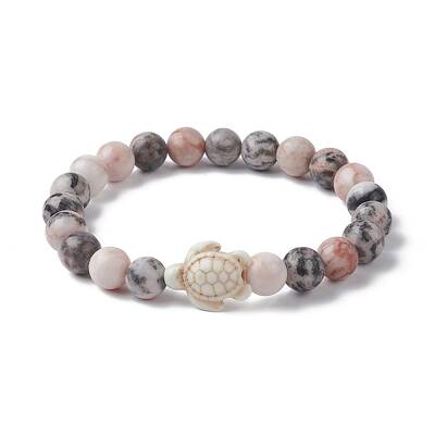 Natural Pink Zebra Jasper & Howlite Turtle Beaded Stretch Bracelets