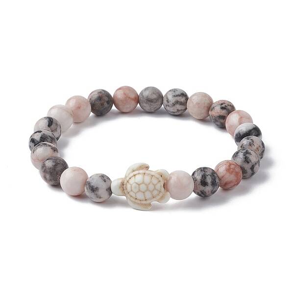 Natural Pink Zebra Jasper & Howlite Turtle Beaded Stretch Bracelets