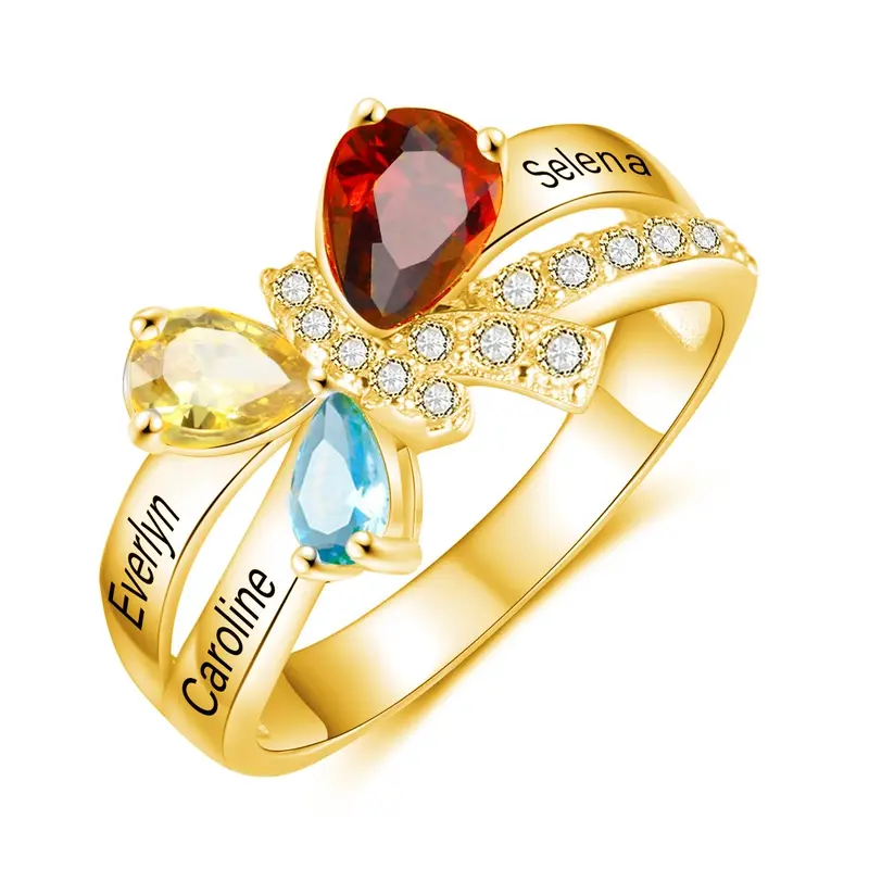 10K Gold Pear Cut Birthstone Custom Name Rings for Mom Women Girlfriend