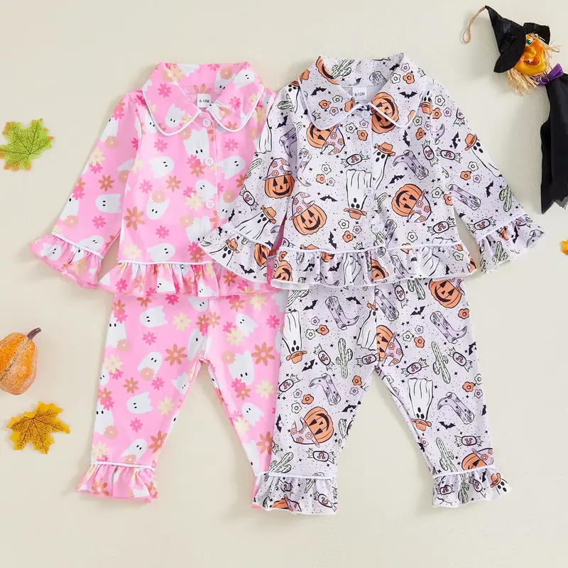 Halloween Toddler Baby Girls Pumpkin Print Long Sleeve Lapel Button Down Tops with Ruffled Pants Sleepwear