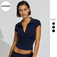 KatchMe Women's Casual Solid Color Partial Button Collared Short Sleeve Slim Top, Spring & Summer Versatile Crop Top, Slim-Fi...