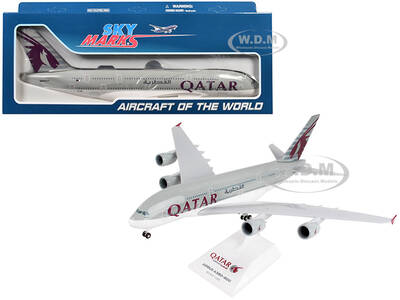 Airbus A380 Commercial Aircraft Qatar Airways (A7-APA) Gray with Tail Graphics (Snap-Fit) 1/200 Plastic Model by Skymarks