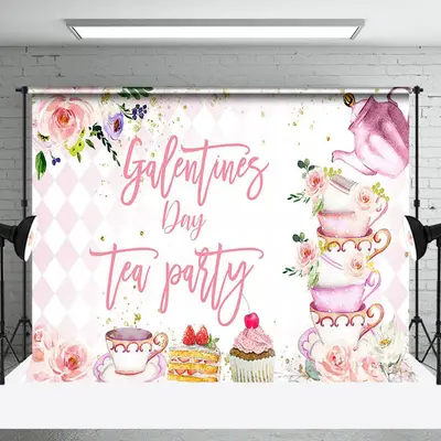 Pink Floral Dessert Galentines Day Tea Party Backdrop - Aperturee