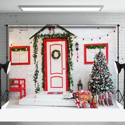 Aperturee Retro Wall Red Door Window Chair Christmas Backdrop - Aperturee