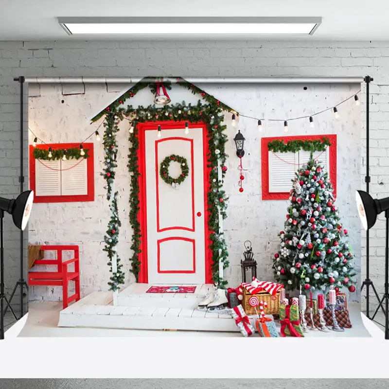 Aperturee Retro Wall Red Door Window Chair Christmas Backdrop - Aperturee