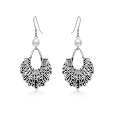 Sterling Silver Circular Shaped Pearl Ginsberg Collar Drop Earrings