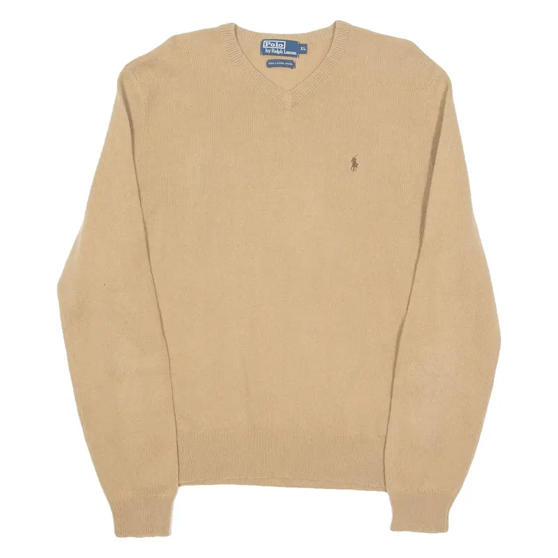 POLO RALPH LAUREN Mens Jumper Brown V-Neck Tight Knit Wool XL