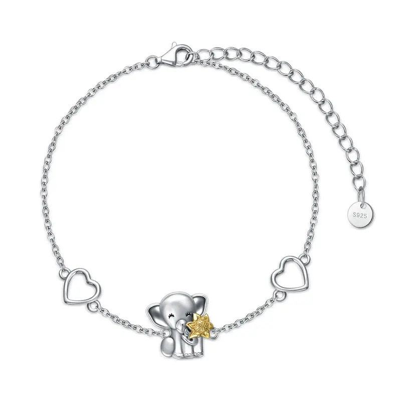 Sterling Silver Two-tone Elephant & Sunflower Charm Bracelet