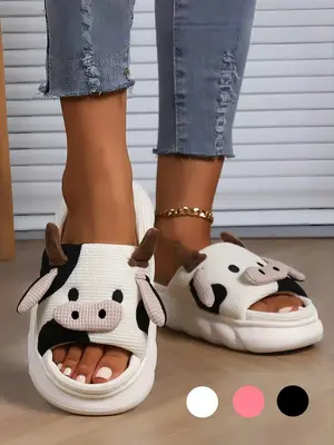 1 Pair 2023 Trendy Best-selling Women's Cute Cozy Cow Slippers, Breathable & Lightweight Platform Home Slippers, Novelty Fash...