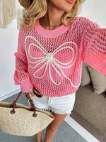 Women's Bow Embroidery Sweater, Casual Long Sleeve Crew Neck Jumper for Spring, Fashion Women's Knitwear for Daily Wear, Clot...