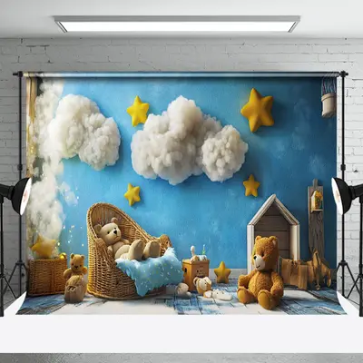 Aperturee Blue Sky Cloud Starry Night Bear Cake Smash Backdrop, 3X2FT(1MX0.6M), 14 USD, birthday cake smash backdrops, NYHD1I...