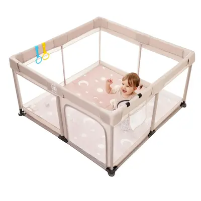 Baby Playpen with Mat 50x50 in Playpen for Babies and Toddlers Beige Soft Breathable Mesh Indoor Play Yard with Mat and Acces...