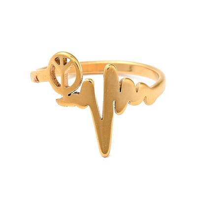 Ion Plating(IP) 201 Stainless Steel Heart Beat & Peace Sign Finger Ring for Women