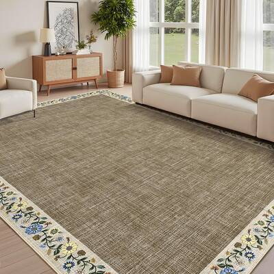 Garvee Bordered Taupe 9x12 Washable Floral Bordered Living Room Rug Soft Low Pile Non-Slip TPR Backing Polyester Machine Wash...