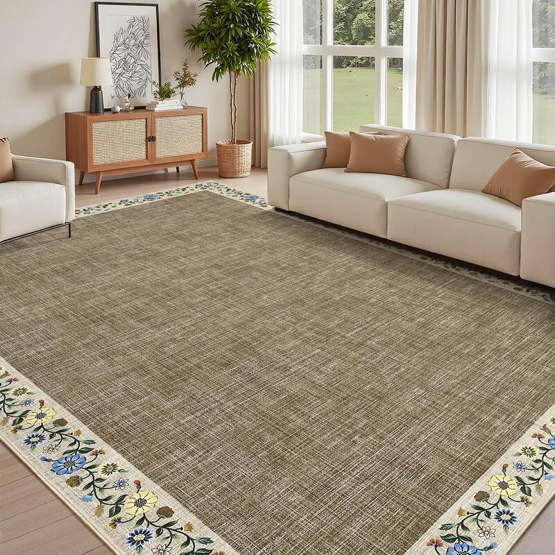 Garvee Bordered Taupe 9x12 Washable Floral Bordered Living Room Rug Soft Low Pile Non-Slip TPR Backing Polyester Machine Wash...
