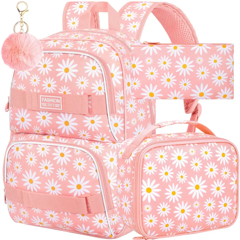 3PCS Daisy Girls Backpack, 17 Inch Laptop School Bookbag Teen College Water Resistant Kids Backpacks with Lunch Box Set - Pin...