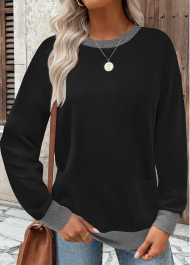 Modlily Black Tummy Coverage Long Sleeve Round Neck Sweatshirt - S