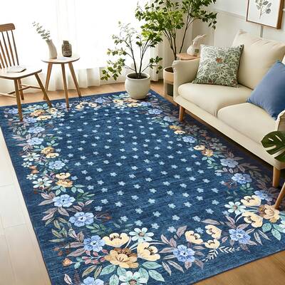 Garvee Blue 6x9 Area Rugs Washable Floral Rug with Non-Slip Backing for Living Room Bedroom Dining Room Low-Pile Carpet