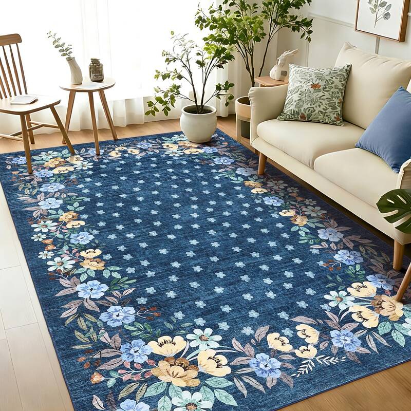Garvee Blue 6x9 Area Rugs Washable Floral Rug with Non-Slip Backing for Living Room Bedroom Dining Room Low-Pile Carpet