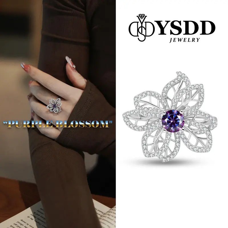 【#237 New Year Limited】Galaxy Purple Blossom Synthetic Moissanite Cocktail Ring in S925 1/2 Carat