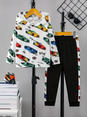 Boy's Car Print Hoodie & Patchwork Elastic Waist Sweatpants Set, Casual Long Sleeve Hooded Pullover & Trousers for Fall & Win...