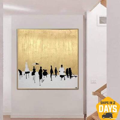 Large Gold Painting Human Paintings People Painting on Canvas Original Gold Artwork Wall Art Fine Art Abstract Living Room Wa...