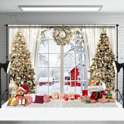 Aperturee Warm Home Teddy Bear Window Snow Cabin Xmas Backdrop