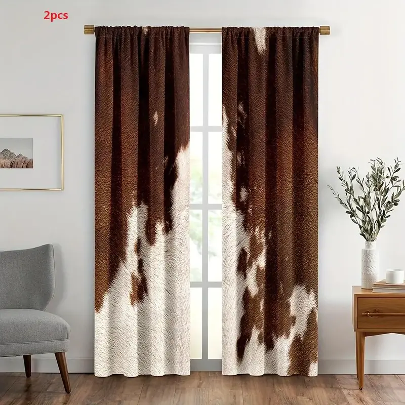 Cowhide Pattern Window Curtain, 2pcs Farm Animal Window Drapes, Western Cowboy Farmhouse Window Curtain, Home Decor for Livi...