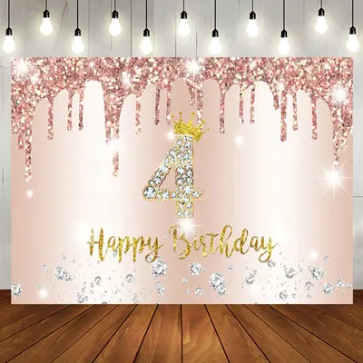 Glitter Diamond Rose Gold 4th Happy Birthday Backdrop - Aperturee