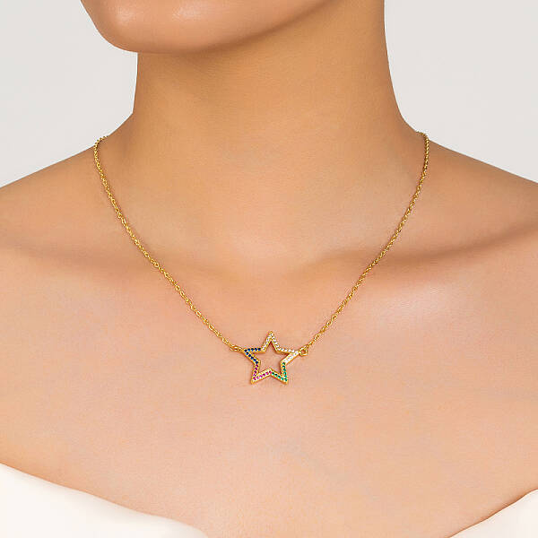 Brass Pave Cubic Zirconia Hollow Star Shape Pendant Necklaces for Women