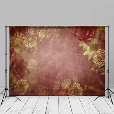 Gold Floral Red Abstract Fine Art Photo Booth Backdrop - Aperturee