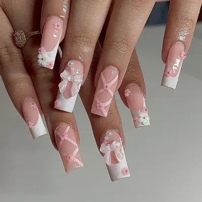 Summer Cute Bow & Floral Decor French Style Long Square Fake Nails, Removable Press on False Nail for Girls and Women, Trendi...