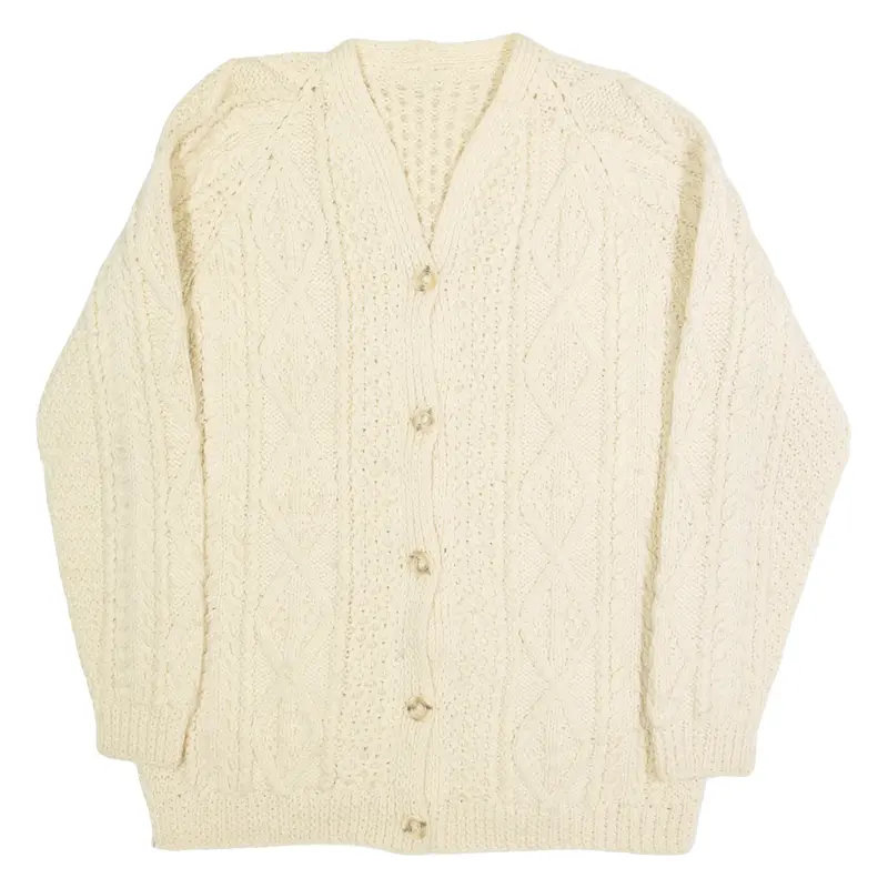 Womens Aran Cardigan Cream V-Neck Chunky Knit M