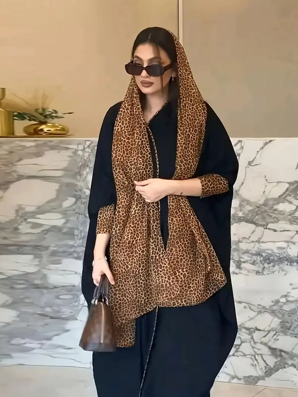 Women's Leopard Patchwork Print Batwing Sleeve Abaya & Hijab Set, Casual Three Quarter Length Sleeve Open Front Abaya & Hijab...