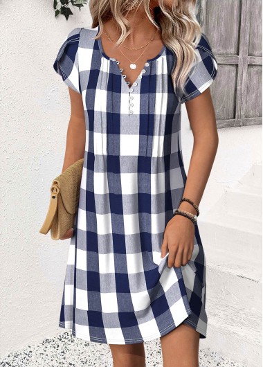 Modlily Blue Plaid Short Split Neck Dress - XXL