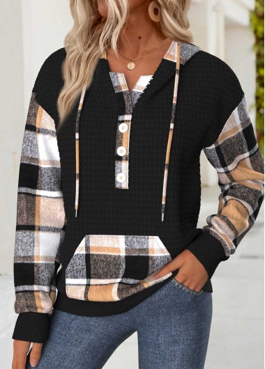 Modlily Black Tummy Coverage Plaid Long Sleeve Hoodie - XXL