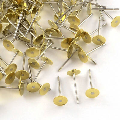 304 Stainless Steel Stud Earring Settings with Flat Round Brass Heads
