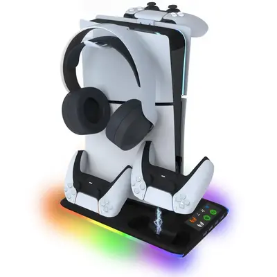 Controller Charger Station for PS5 & PS5 Slim, Gamepad Charging Base with 3 Level Cooling Fan & RGB Light & Wireless Headpho...