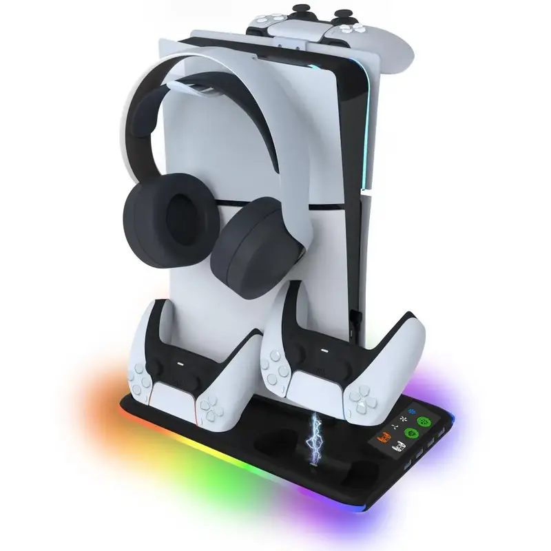 Controller Charger Station for PS5 & PS5 Slim, Gamepad Charging Base with 3 Level Cooling Fan & RGB Light & Wireless Headpho...