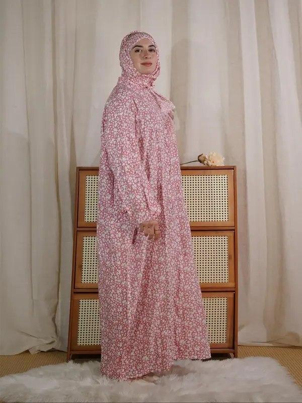 Women's Ditsy Floral Print Abaya with Scarf, Modest Long Sleeve  Dress, Women's Islamic Clothing for All Seasons