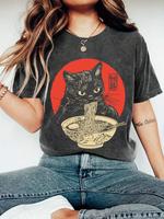 Women's Cartoon Cat & Ramen Print Round Neck Tee, Vintage Trendy Casual Short Sleeve T-shirt for Daily Wear, Ladies Summer Cl...